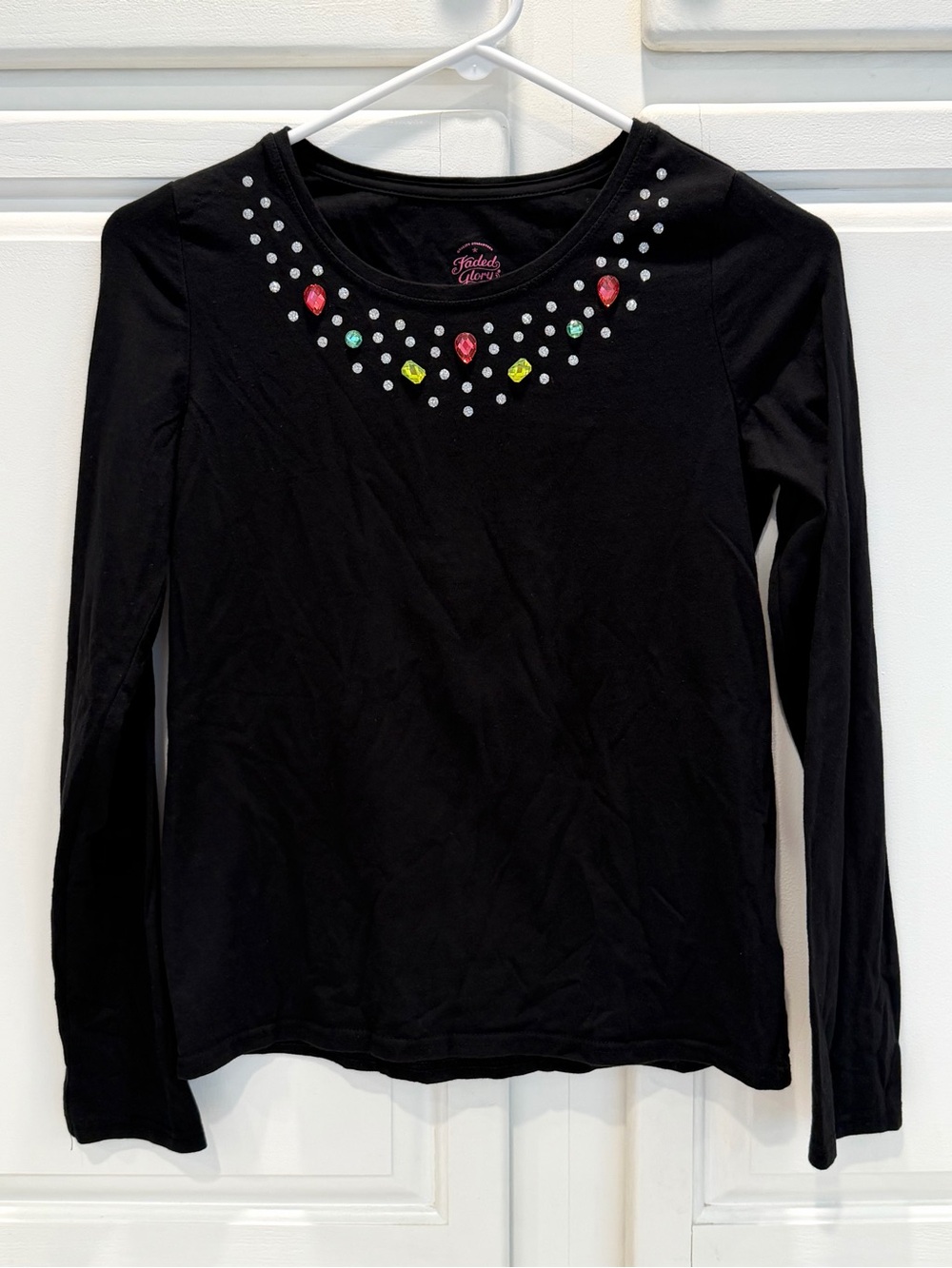 Faded Glory Girls XL 14-16 Black Long Sleeve T-Shirt Rhinestone Jewel Glitter